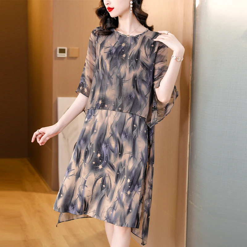 

Women Floral Chiffon Short Sleeve Casual Midi Dress Summer Chic Elegant Loose 5XL Home Dress 2024 Luxury Party Evening Vestidos