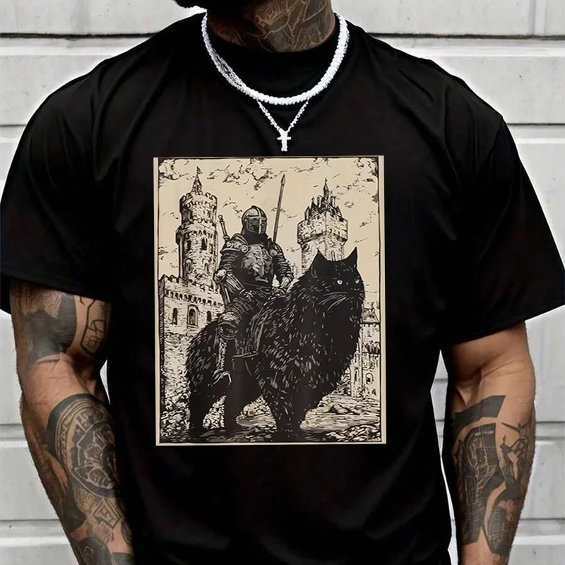 

Мужская модная футболка с графическим рисунком «Средневековый рыцарь и кошка-наездница», повседневные модные футболки на лето, удобные топы с короткими рукавами