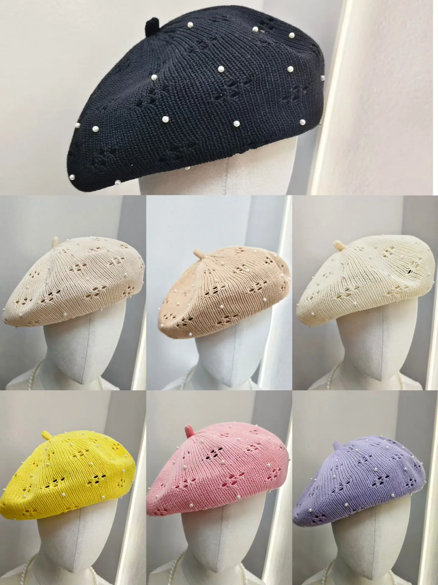 

New Summer Solid Beret Hat For Women Hollow Breathable Best Matched Pearl Beads Bonnets Sun Cap Female Outdoor Party Gift
