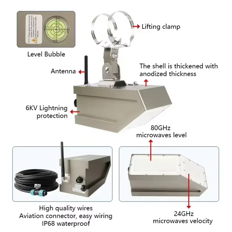 CE Open Underground Pipeline Network Radar Flow Meter for Measuring Sensor Flow, 3-in-1 40M Water Level Flow Rate Sensor