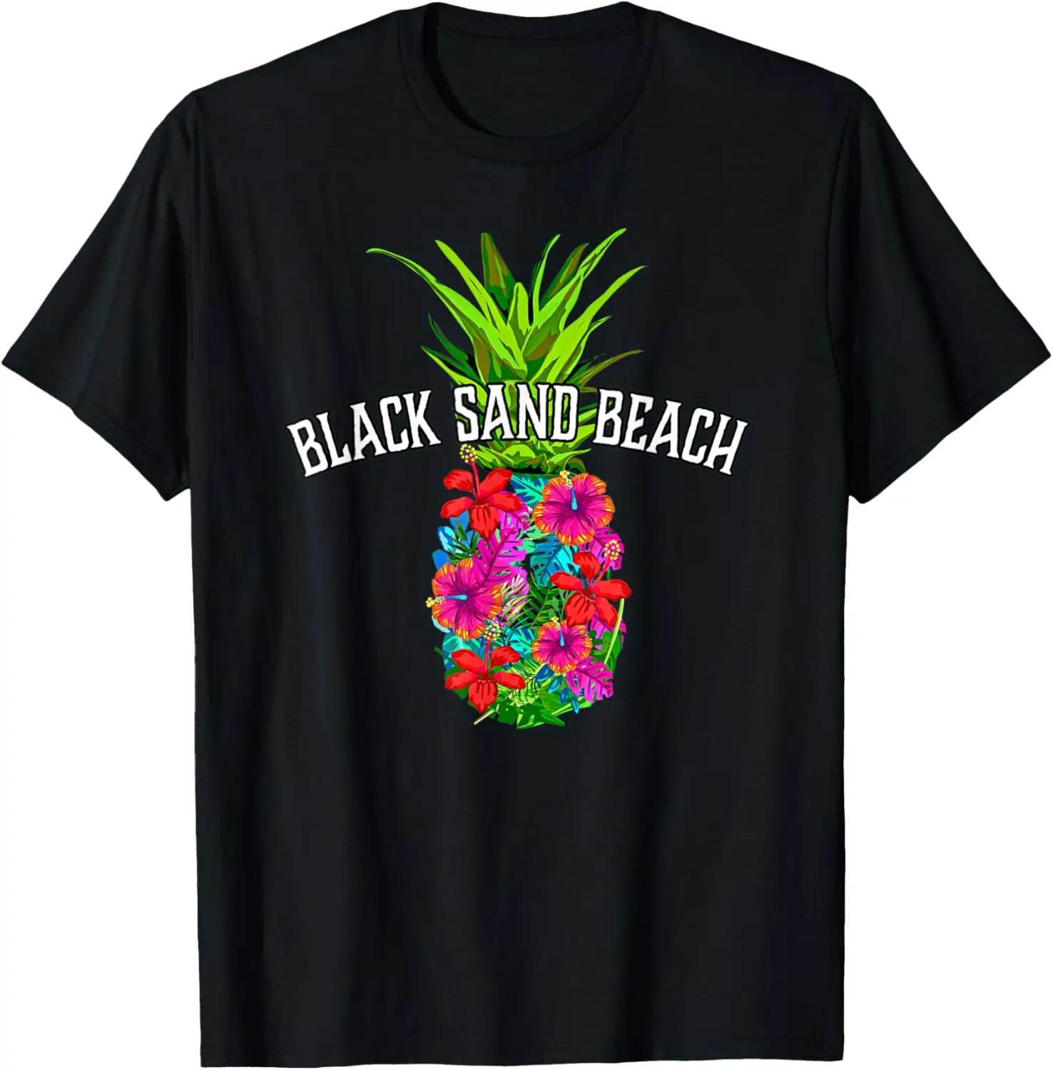 

Black Sand Beach Tropical Pineapple Flower Vacation T-Shirt