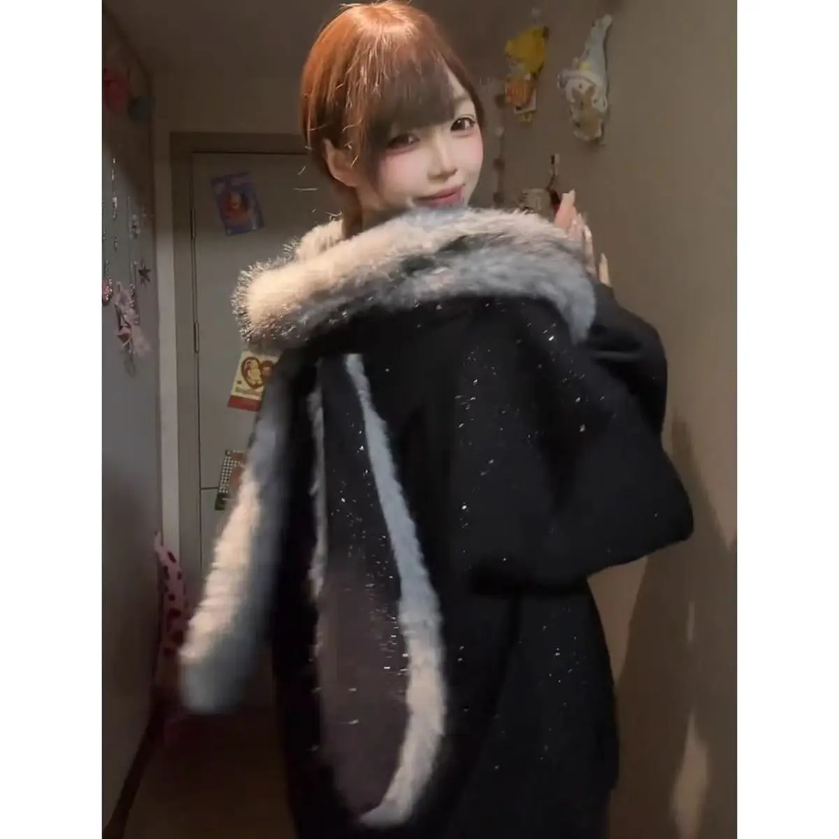 American Retro Starry Sky Bunny Ear Hoodie - Winter Thick Fleece Designer Niche Cardigan for Women