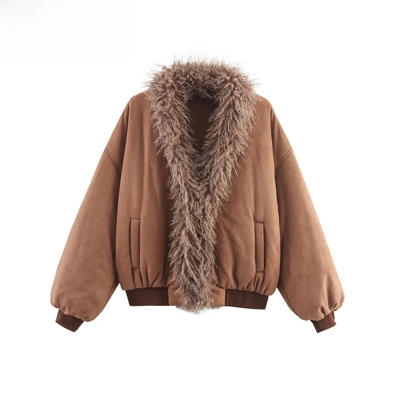 

Новинка осени, женская хлопковая куртка из искусственной кожи, замши, большой меховой воротник, 2022, свободный крой, длинный свек