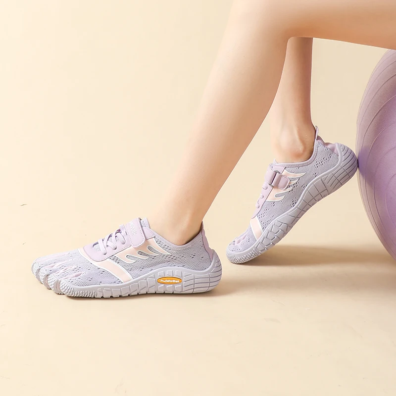 女性用ニット通気性5本指シューズ、回転ノブ付きレース、ランニング、フィットネス、ヨガ用の裸足ミニマリストシューズ