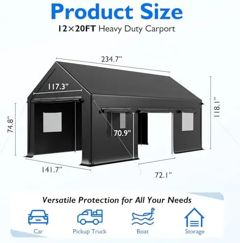 12x20 FT Heavy Duty Carport, Portable Car Tent Garage with Roll-Up Windows & Side-Opening Door, Enclosed Car Port