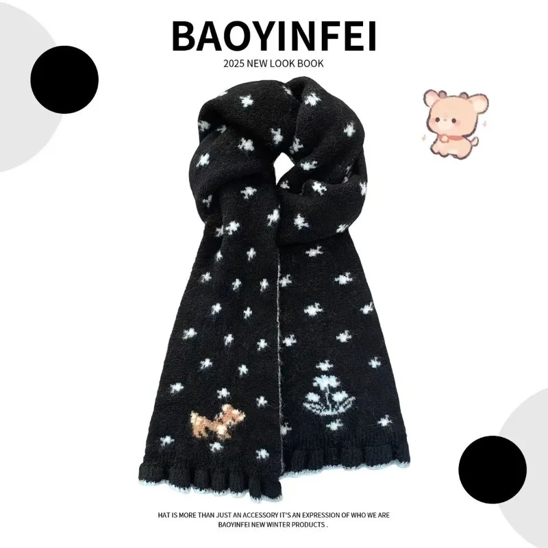 Women Double Sided Knitted Scarf Pink Coffee Deer Print Thick Warm Autumn Winter Neck Protective Accessory