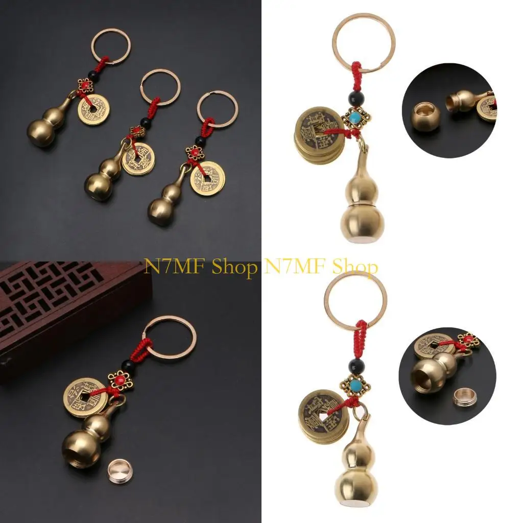 

N7MF Exquisite Wu Lou Keyring Lucky Gourd Keychain with Feng Shui Coin Car for Key Ri