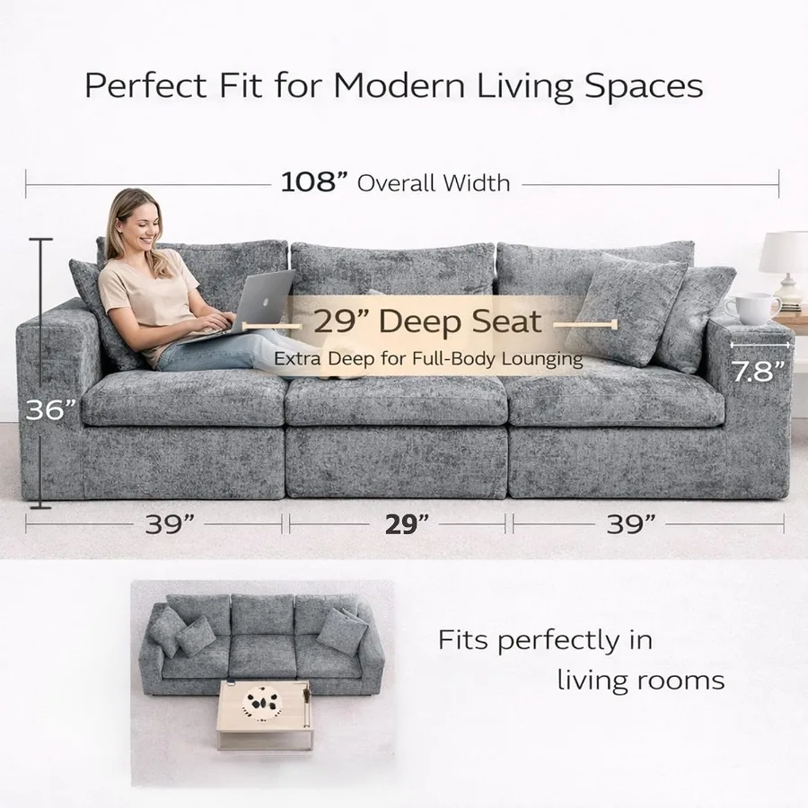 108'' Oversized Modular Sectional Sofa, Deep-Seat Cloud Couch