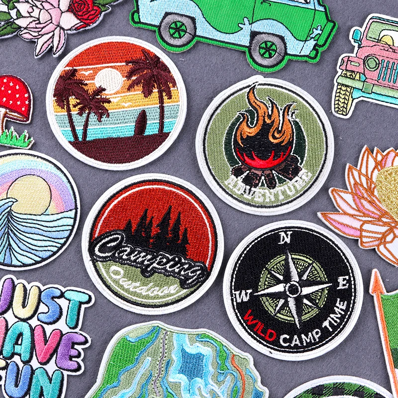 Travel Series Iron On Patches For Clothing Stickers Outdoors Patch DIY Embroidered Patches Sewing Badges Mushroom Patch Applique