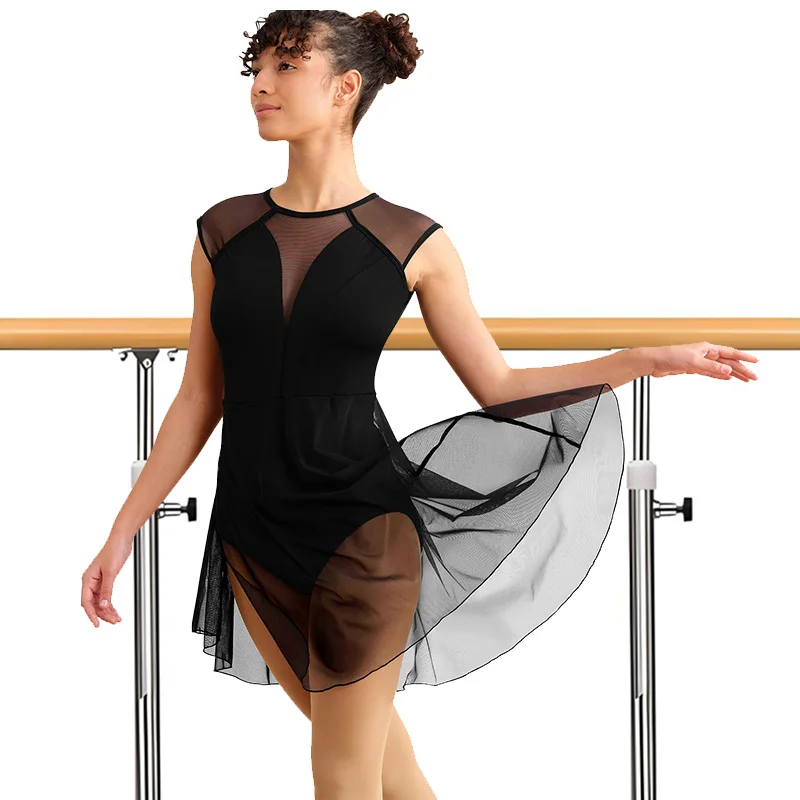 

Женское сетчатое современное лирическое танцевальное платье с короткими рукавами для взрослых, танцевальный костюм, топы с открытой спиной и мягкой подкладкой, танцевальные трико
