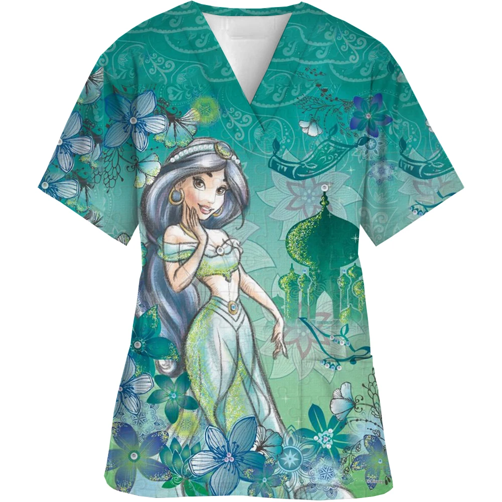 Disney Princess Print nurse uniform dental clinic V-neck surgical gown Snow White pet hospital work clothes women's short-sleeve