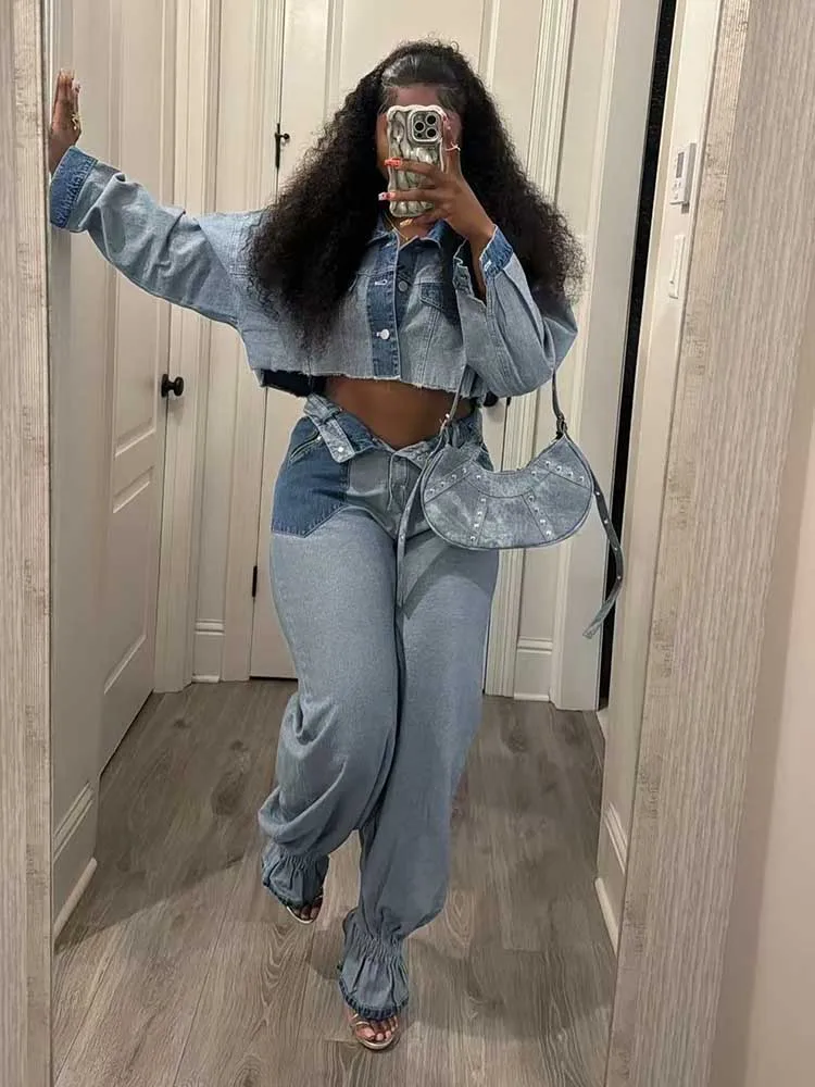 2 Piece Matching Set Spring Streetwear Button Top and Jeans Female Sexy Denim Pant Suits for Ladies wholesale Dropshipping