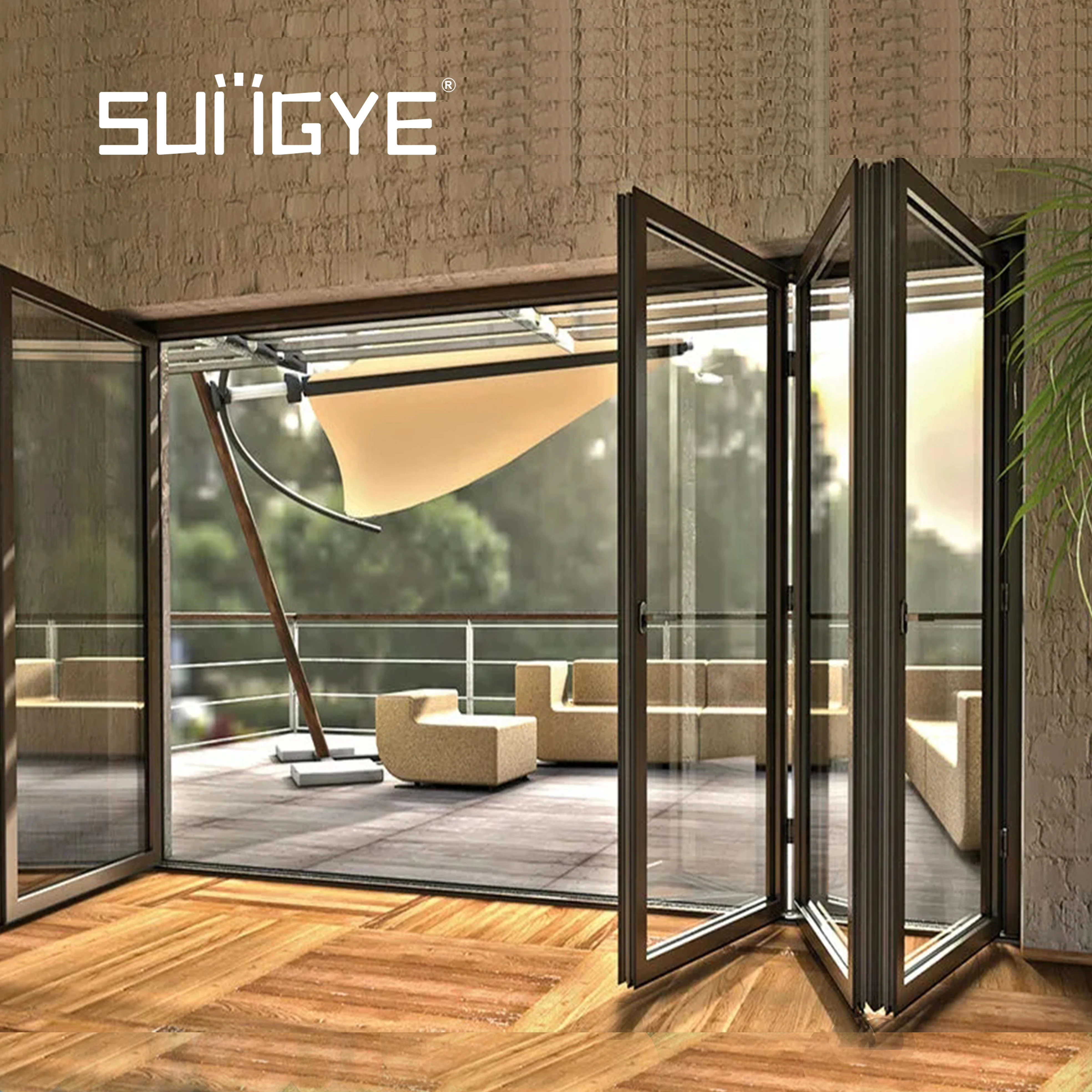 SUNGYE Hot Sale AS2047 Indoor Aluminium Double-layered Glass Bi Fold Patio Doors Soundproof Folding Glass Doors
