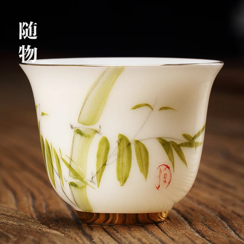 Painted Gold Sheep Fat Jade White Porcelain Master Kung Fu Tea Ceramic Single Cup