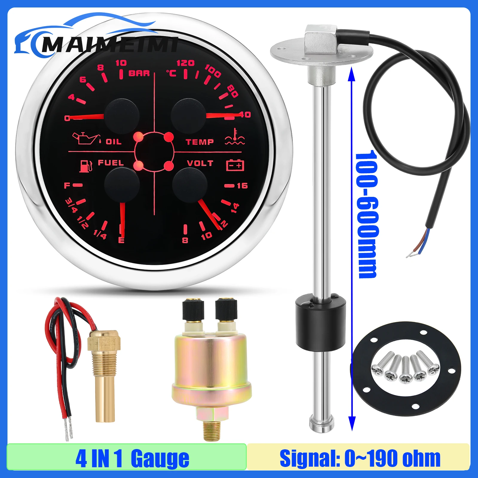 Red LED 4 IN 1 85mm Gauge with Alarm Water Temp/Oil Pressure/Fuel Gauge/Voltage+Fuel Level Sensor 0-190 ohm 100-550mm Waterproof