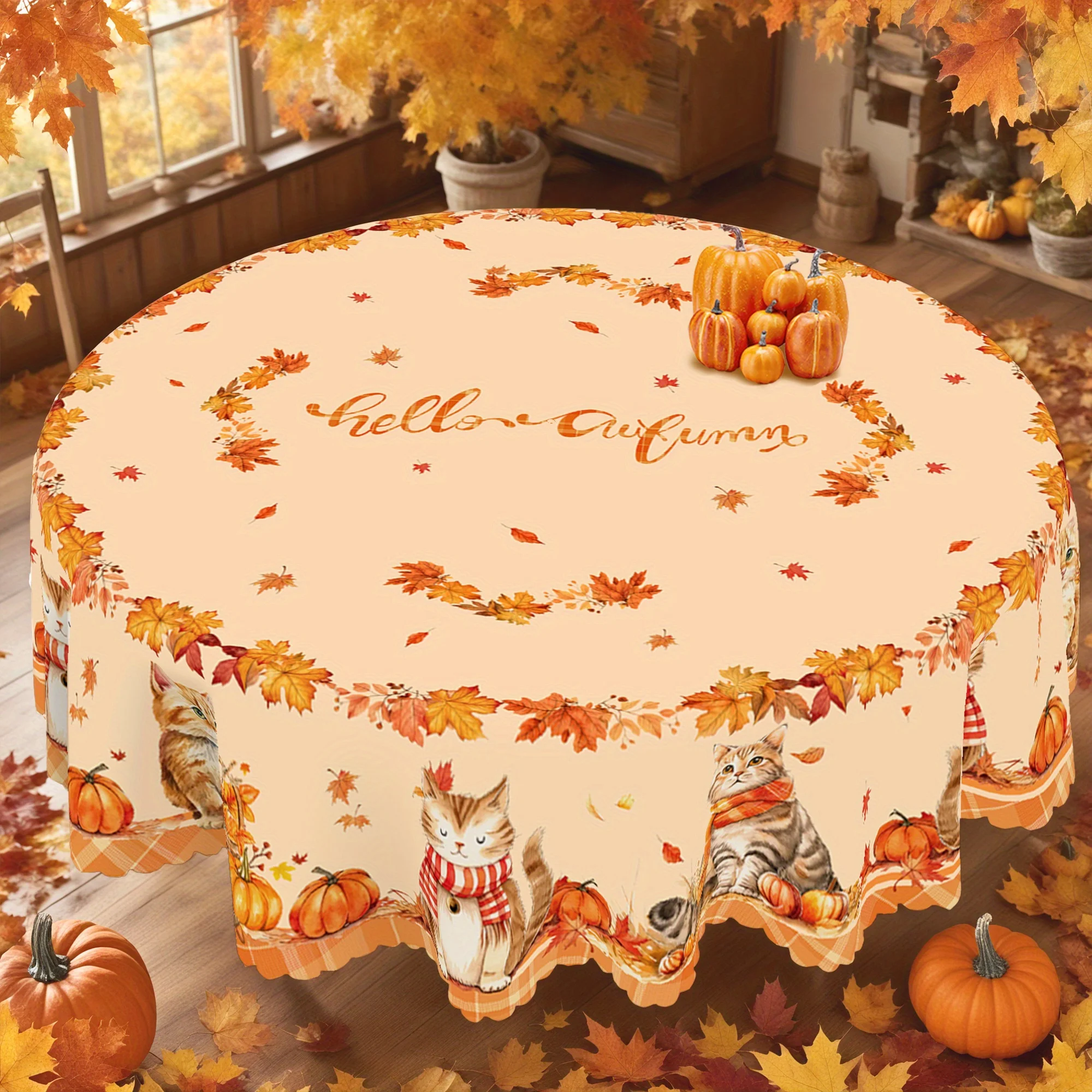 1 piece of cat, pumpkin and maple leaf tablecloth, made of durable polyester, perfect for autumn Thanksgiving decorationzyc