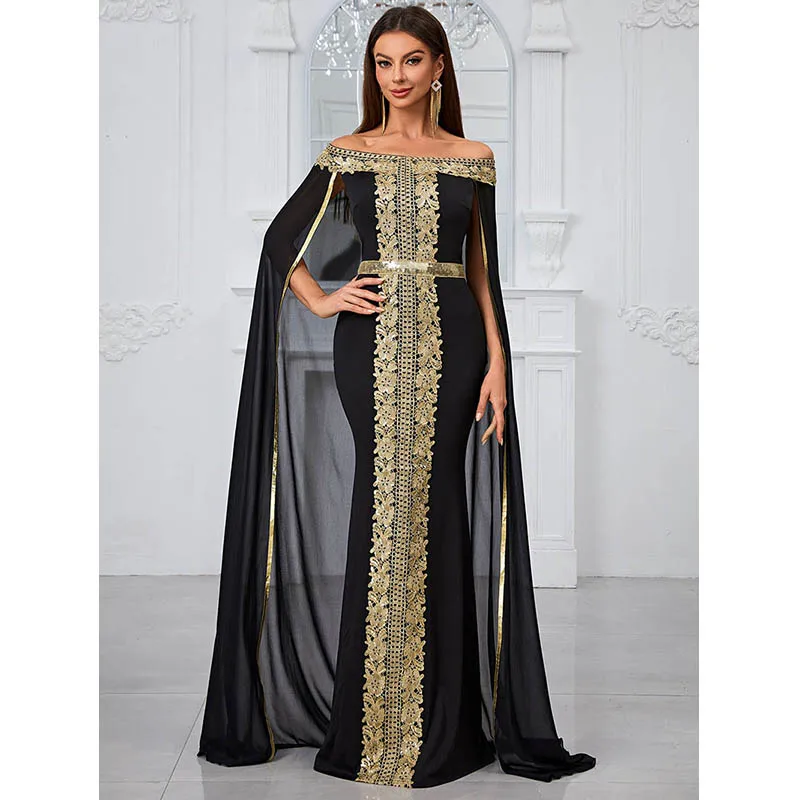 Abaya dubai luxury ramadan 2024 Muslim Women Off shoulder Sequined Black Chiffon Evening Party Cocktail Prom Long Maxi dresses