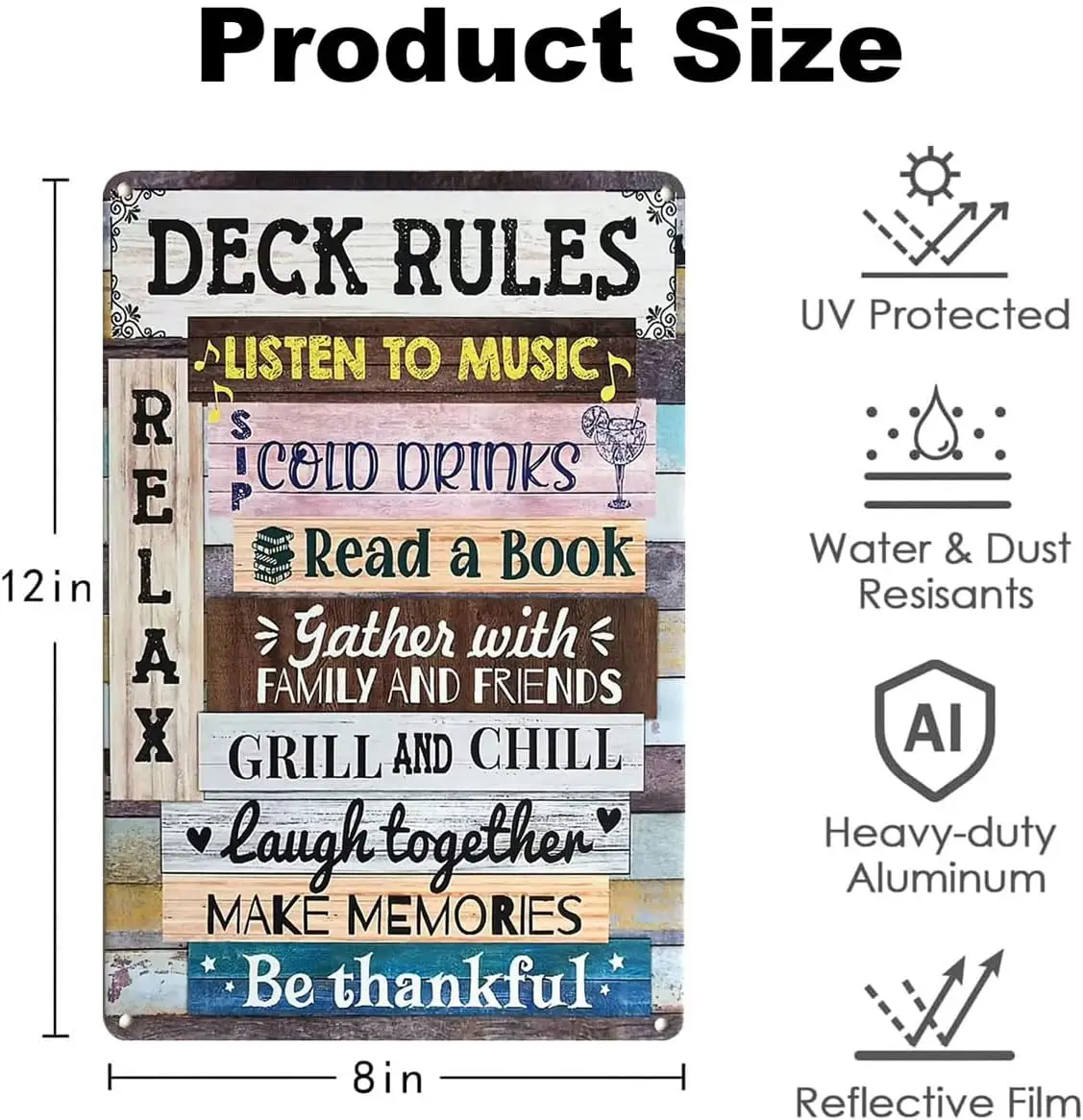 Deck Rules Metal Signs Rustic Listen to Music Sip Cold Drinks Tin Signs for Home Porch Bar Front Yard Wall Decor Back Yard 8x12