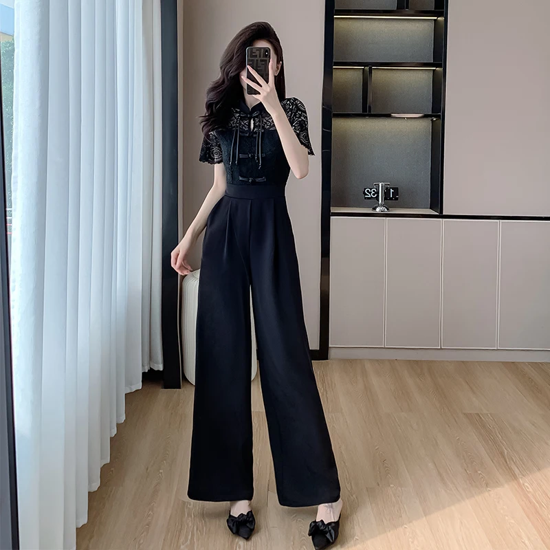 

Ele Bla-Piece Suit High Waist Wide Leg Pants Women's Faionable Slimming Ensemble Summer New Arrival Chinese Sle