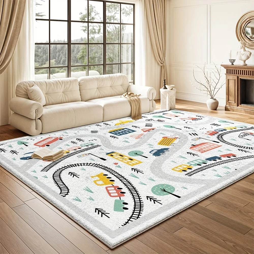 VIKAMA Kids Train Track Game Area Rug Cute Cartoon Traffic Car Tree City Print Non‑slip Soft Washable Children Bedroom Carpet