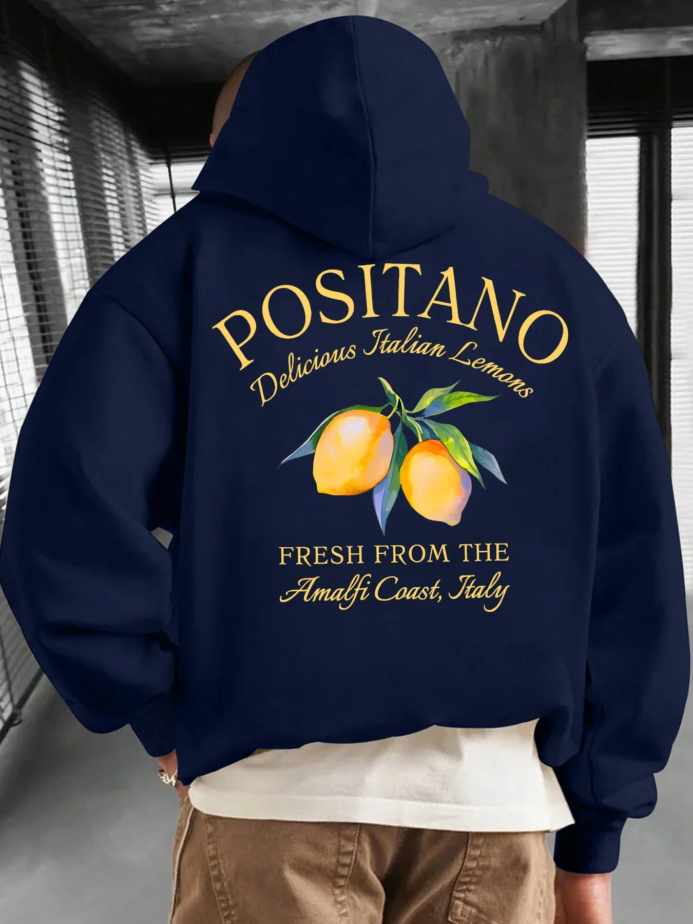 Amalfi Coast Italy Lemon Graphic Hoodie Vintage Back Print Pullover Sweatshirt Casual Loose Streetwear Long Sleeve Hooded Tops