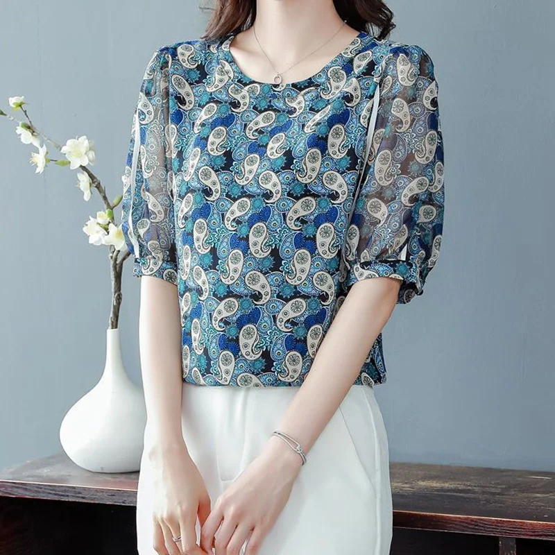 2024 New Vintage Chiffon Women\'s Clothing Korean Pullovers Women\'s Clothing Summer Printing Perspective Tops O-neck T-Shirts