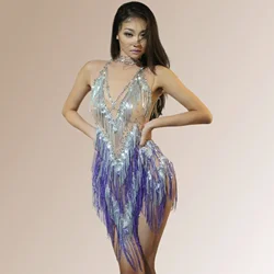 Luxurious Rhinestone Tassel Sexy Women's Short Bodycon Latino Dance Dress Summer Bar Sleeveless Performance Evening Dress