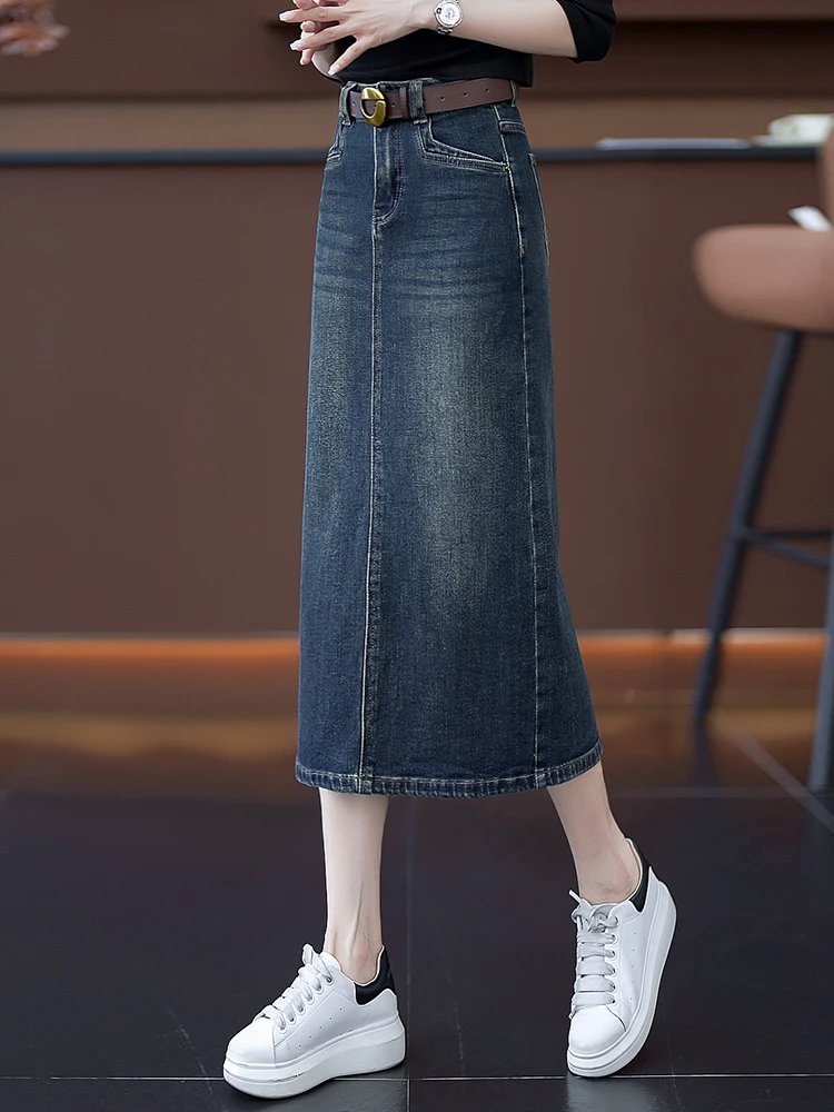 

High Waist A-Line Midi Denim Skirt Women's Spring Autumn New Style Slimming Half Skirt Korean Style Commute Cotton Blend
