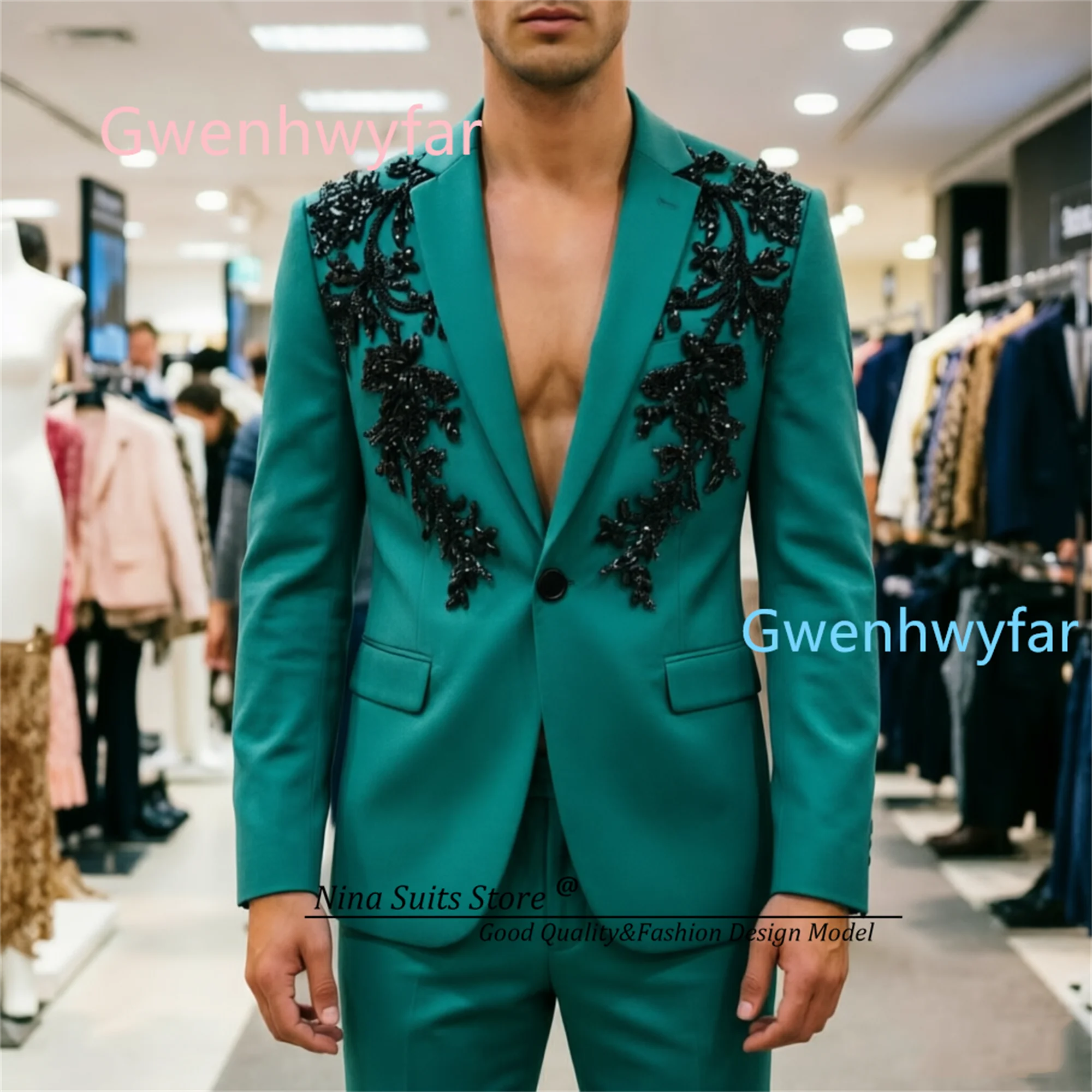 Gwenhwyfar 2026 New Designed Men Party Suits 2 Pieces set Bazer Jacket Peakcock Green Suits with Luxury Black Studs Appliques
