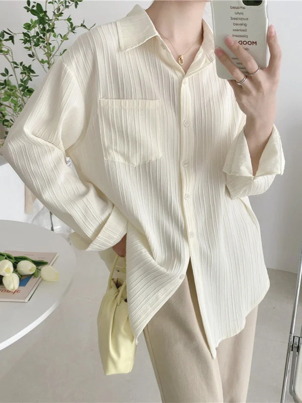 

Long Sleeve Shirts Womens Chiffon Button Down Blouses Lantern Sleeves Neutral Boyfriend Design Relaxed Fit Autumn Comfortable