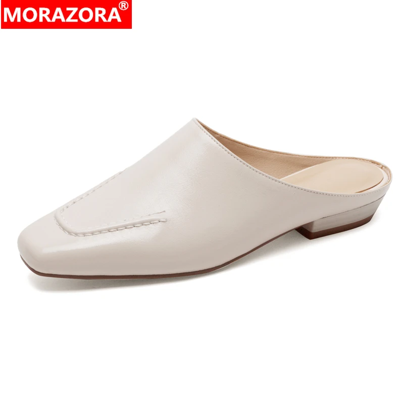 MORAZORA Size 34-43 New Genuine Leather Slippers Women Mules Square Toe Low Heels Summer Slippers Party Dress Shoes