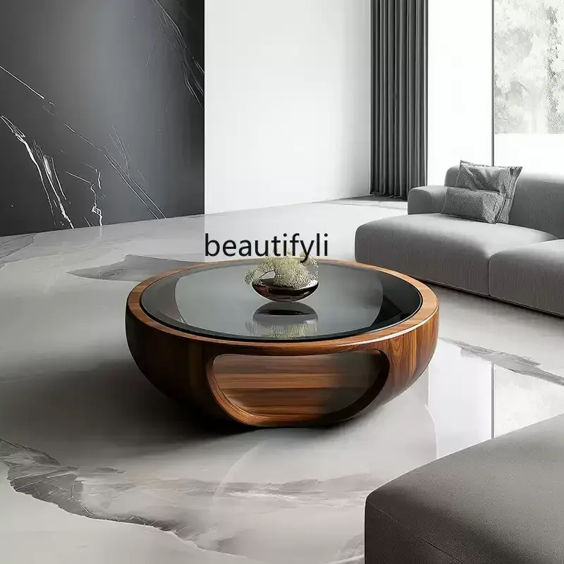 Italian minimalist high-end all-solid wood glass coffee table living room home art round walnut tea table