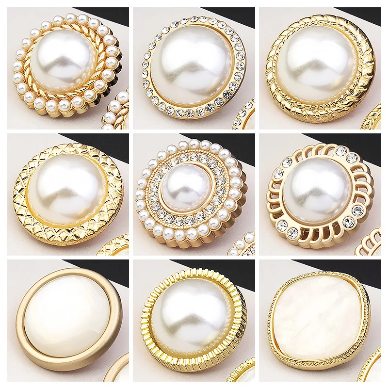 Luxury Rhinestones Button Imitation Pearl Metal Shank Buttons for Women Windbreaker Coat Sweater DIY Apparel Sewing Accessories
