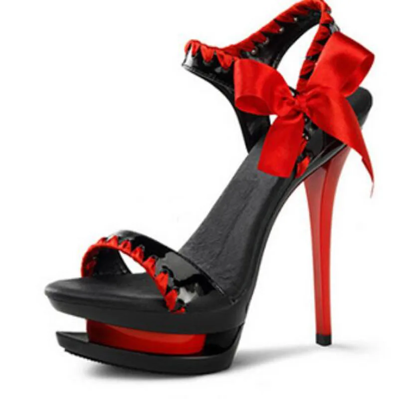 Sexy Silk Bowtie Fish Toe Double Platform Sandals Super High Heels Ankle Strap Mixed Colors Butterfly Knot Side Banquet Shoes