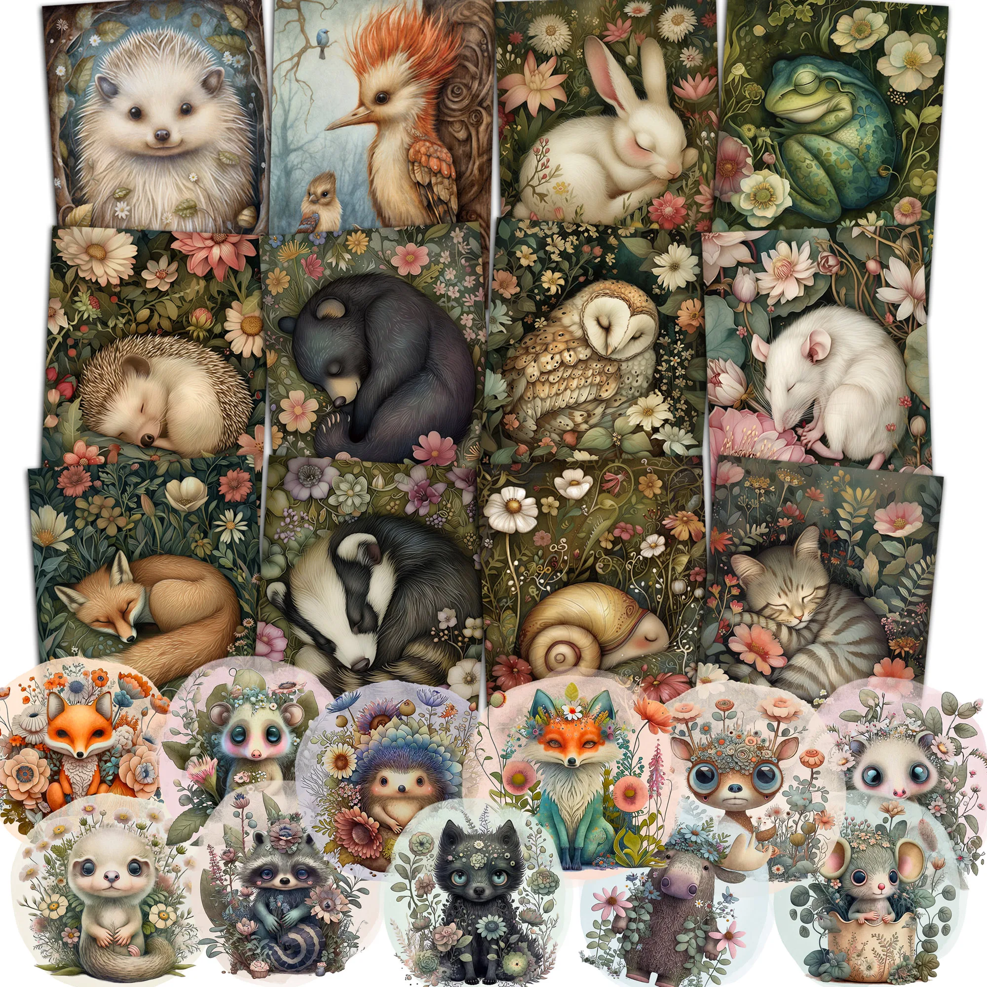 JAIIMAN 52 조각 꽃 동물 쓰기 가능한 두꺼운 판지 스티커, 스크랩북 용품, JunkJournal 키트, 공예, 엽서
