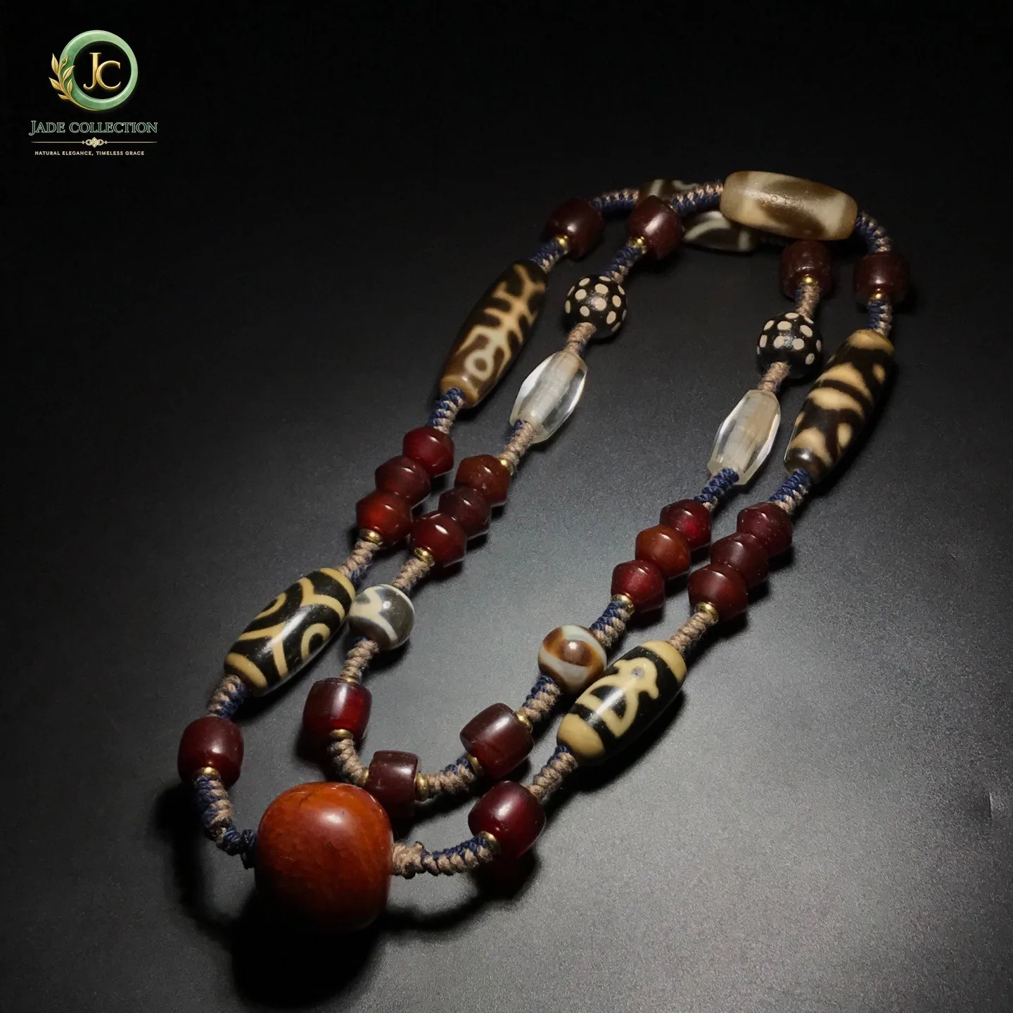 Unique Tibetan Old Agate Dzi Multiple patterns Beads Necklace J0428