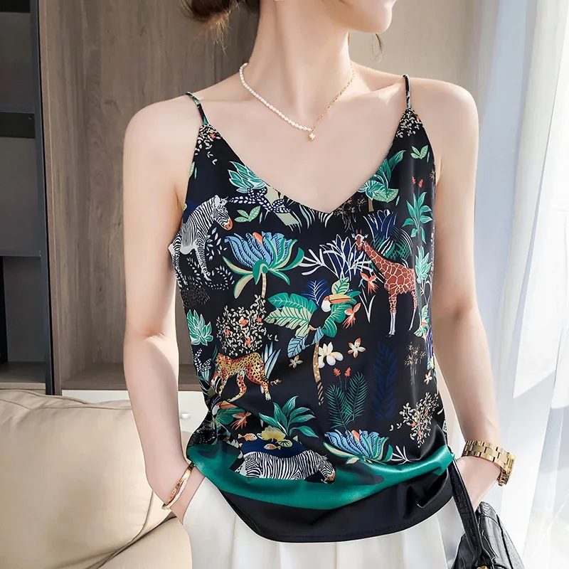 2024 New Leaf Silk Camisole Female Trend Large Size V-neck Vest Underneath Small Floral Blouse Women Summer Top