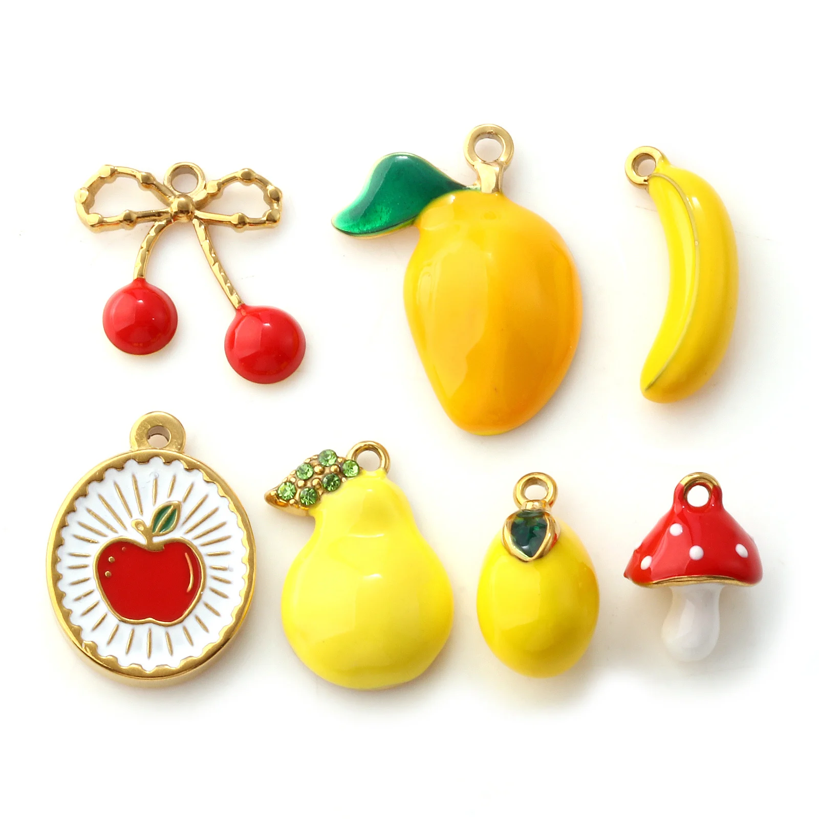 2 uds 304 dijes de acero inoxidable 18K chapado en oro esmalte seta cereza Mango plátano colgantes para DIY llaveros fabricación de collares