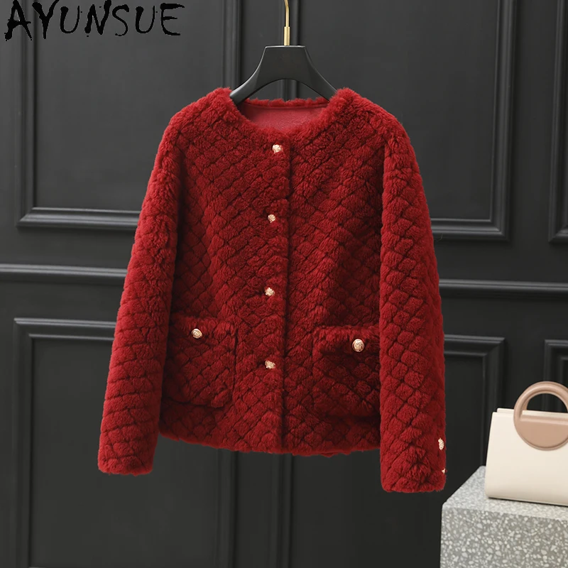 معطف صوف 100% من AYUNSUE للنساء 2025 سترة شيرلينغ من الفرو والحبوب المركبة للخريف والشتاء ملابس نسائية كورية