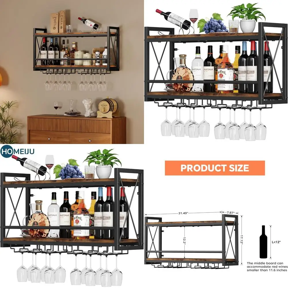 

Винтажная настенная винная полка: деревянная металлическая бутылка и стеклянный держатель для кухни, столовой и домашнего бара.