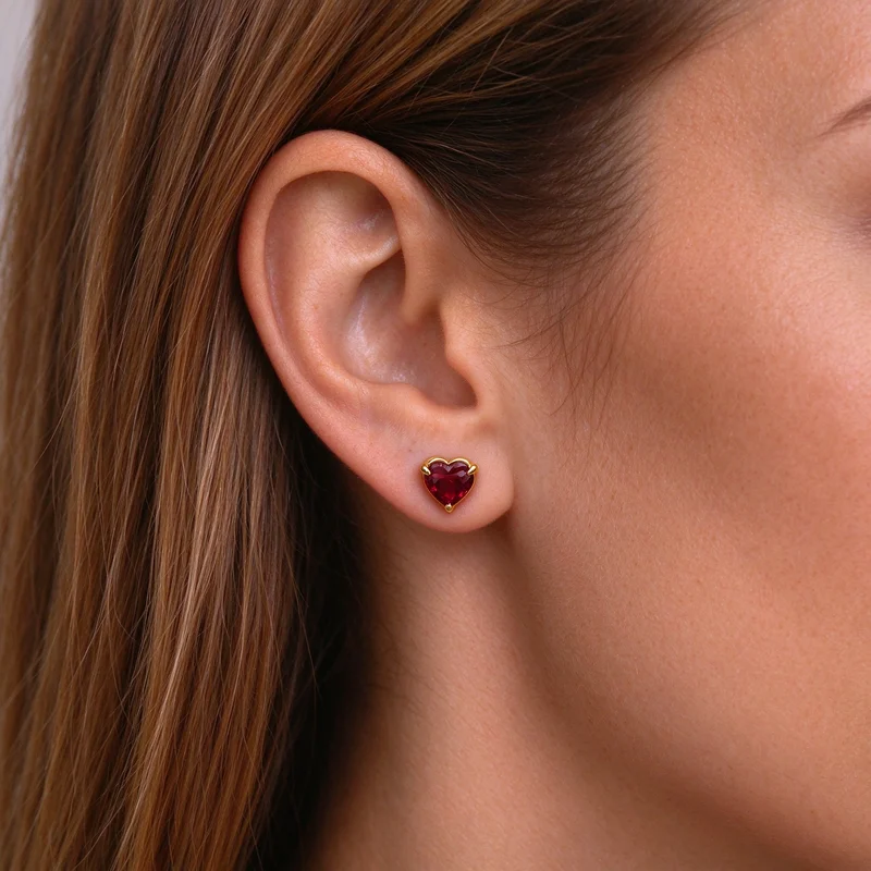 Heart Shape Ruby Red Cubic Zirconia Stud Earrings for Women, 8mm Gold Tone Alloy Love Heart Earrings, Sparkling Crystal Tiny Heart Studs, Hypoallergenic Minimalist Earrings, Fashion Jewelry for Girls, Valentine Wedding Anniversary Birthday Gift for Her