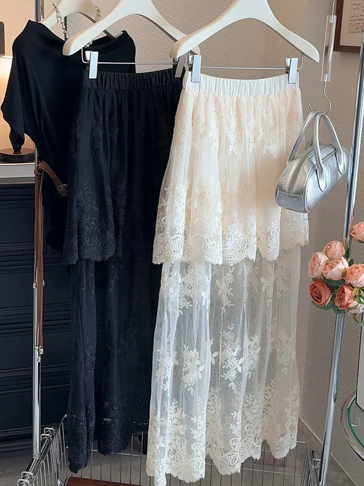 

2025 Summer New Korean Fashion Women's Elastic High Wais Solid Lace Skirt Temperament Versatile Mid-length Slim A-line Skirt