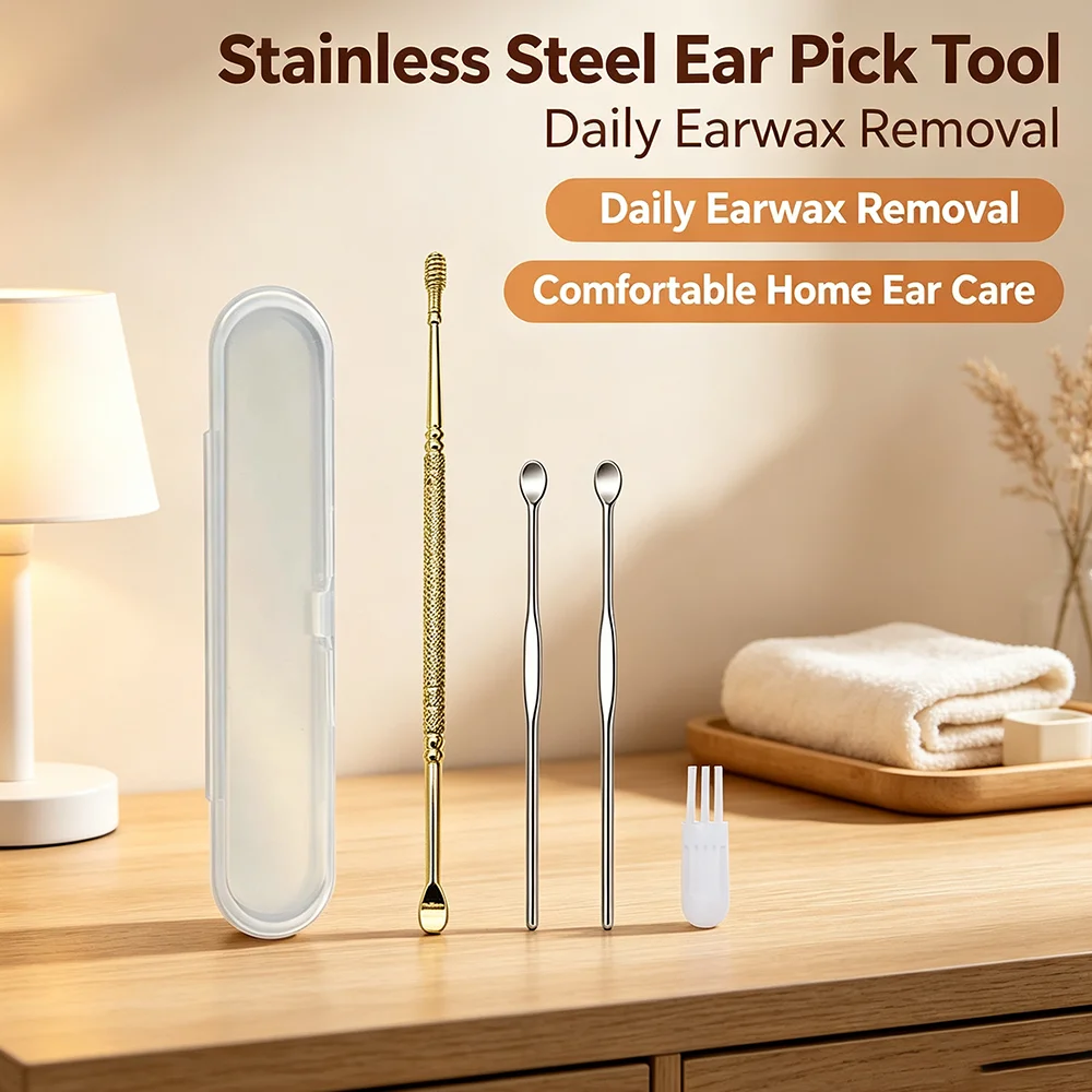 Stainless Steel Earwax Removal Tool, Multi‑tip Ear Spoon, Lightweight Carry Case, Household Ear Residue Eliminator for Home Use