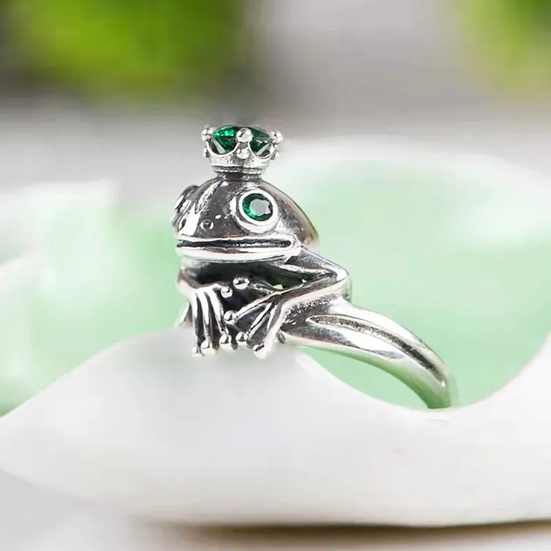 Vintage Silver Color Frog Prince Rings for Men Women\'s Inlay Green CZ Zircon Crystal Frog Animal Adjustable Rings Punk Jewelry