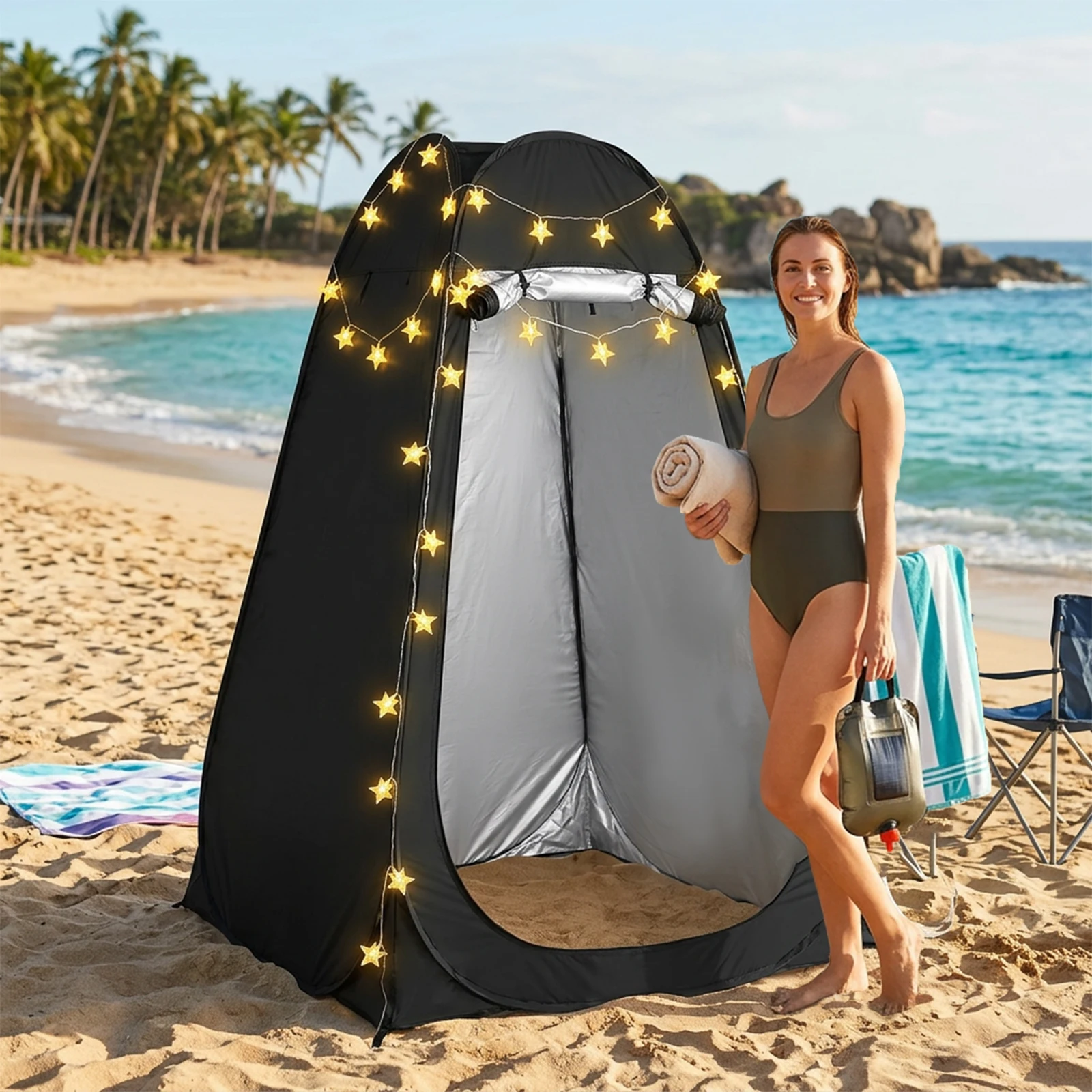 Outdoor Pop‑Up Privacy Shower Tent, Quick Setup Changing Shelter with Star String Light, 2‑Color Option for Camping Beach Pool