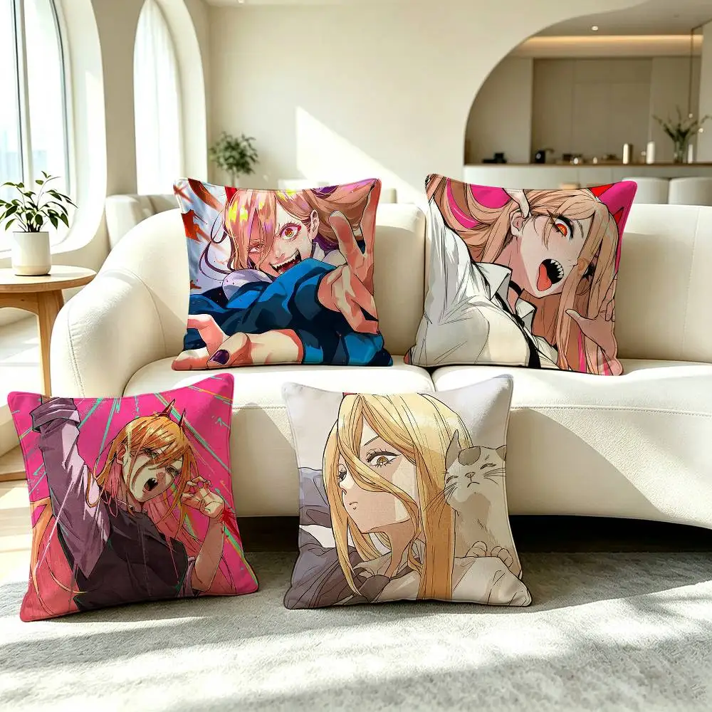 P-Power Chainsaw Man Anime  Square Double-Sided printed Pillow Case Bedroom Bedside Pillow Sofa Cushion Cover