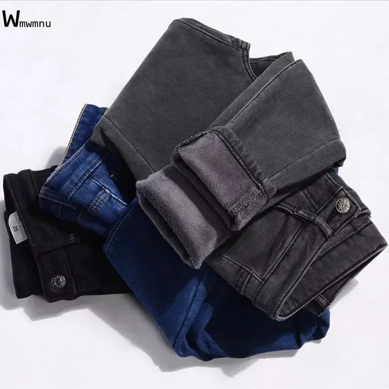 Grube dżinsy zimowe z pluszową podszewką Ciepłe ołówkowe spodnie jeansowe do kostek Casual High Waist Skinny Vaqueros Big Size 34. Kot Pantolon