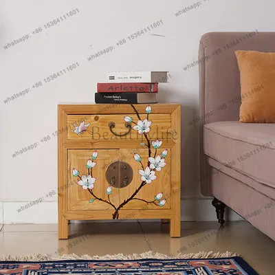 PG new Chinese-style all-solid wood hand-painted bedroom economical simple two doors and one pump bedside table can customized