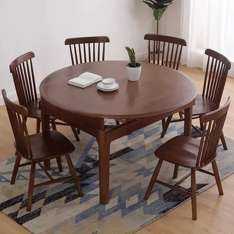 Modern solid wood dining table set with chair round fold and extension design, requires household furniture assembly