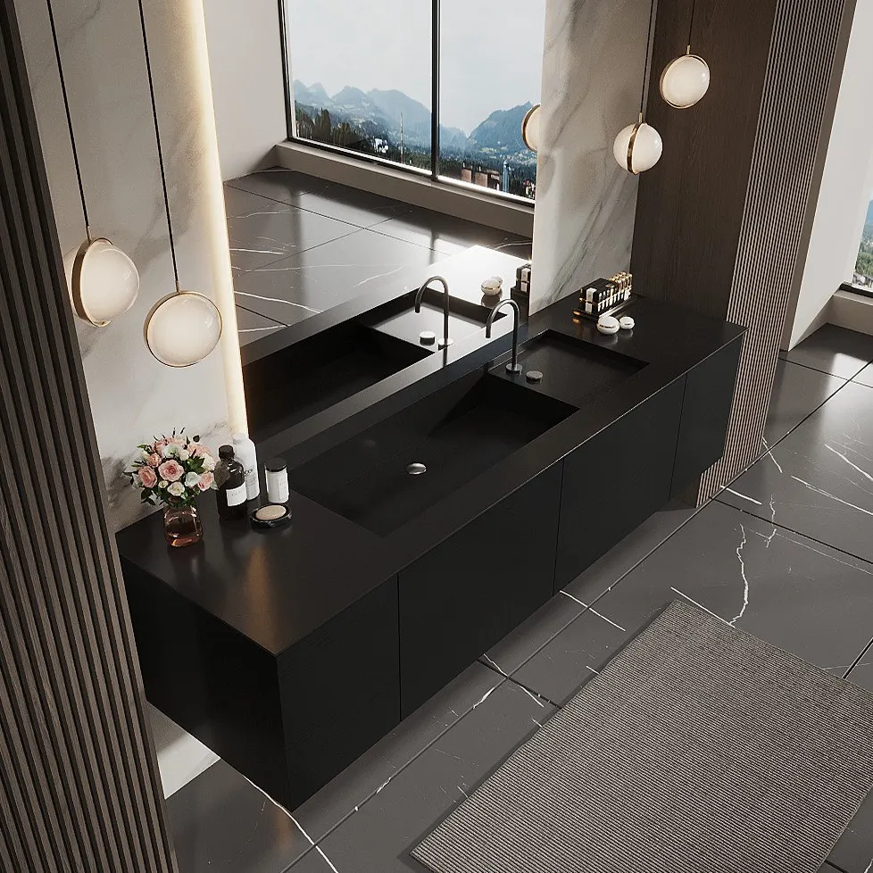 zn-Modern Hotel-Style Solid Wood Bathroom Cabinet Customizable Rock Board Sink Combination Waterproof Including Backsplash@